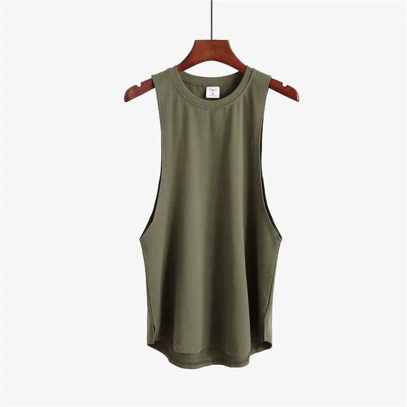 Men's cotton gym stringer tank top by Showlu Fashion Store, sleeveless bodybuilding vest, sporty and fitted for workout wear.