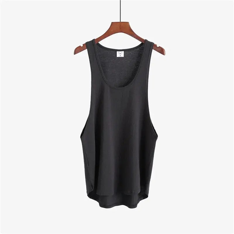 Men's cotton gym stringer tank top by Showlu Fashion Store, sleeveless bodybuilding vest, black, fitted for workout and sportwear.