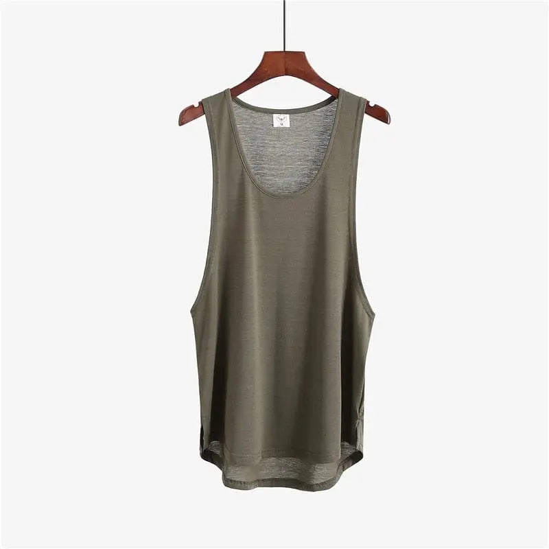 Men's white cotton gym stringer tank top from Showlu Fashion Store, sleeveless bodybuilding vest for sports and fitness workouts.