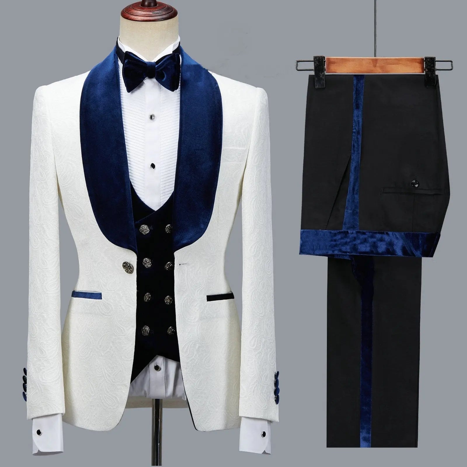 Navy blue floral slim fit men's suit jacket with velvet lapel, perfect for weddings or formal parties, by Showlu Store Nation.
