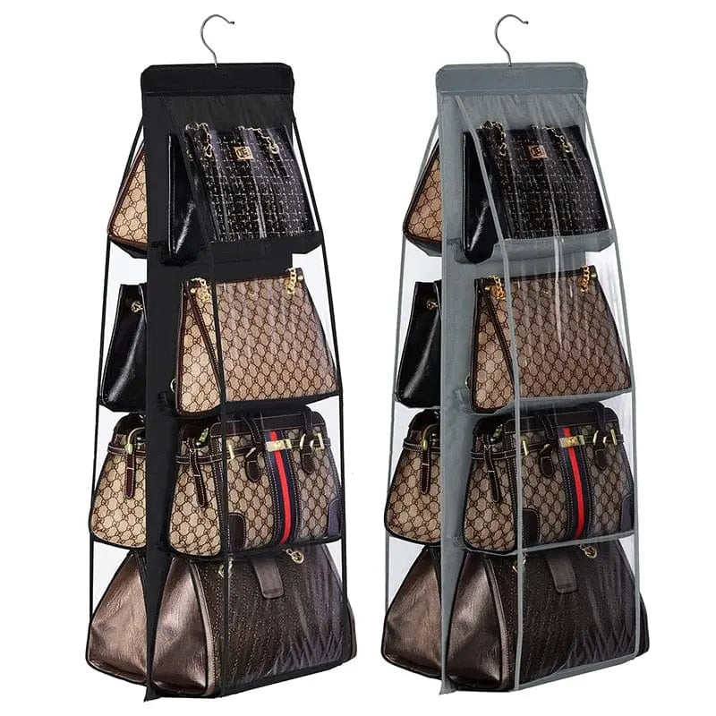 Transparent hanging handbag organizer by Anel Demosthene, ideal for wardrobe storage, door or wall mounting with multiple pockets.