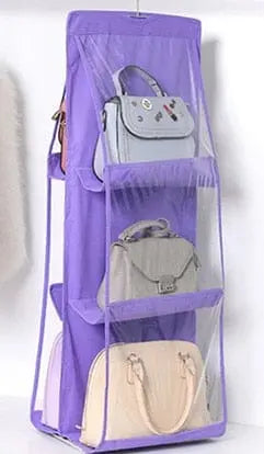 Transparent hanging handbag organizer with multiple compartments for closet storage, featuring a sturdy hanger and clear design.