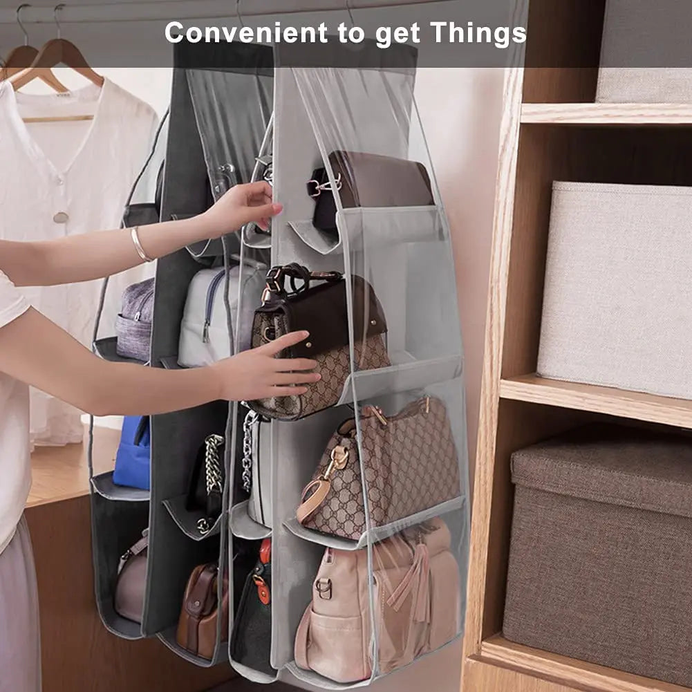 Transparent hanging handbag organizer with multiple compartments, ideal for closet storage and door mounting.