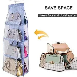 Transparent hanging handbag organizer by Anel Demosthene, with multiple compartments for closet storage and door hanging.
