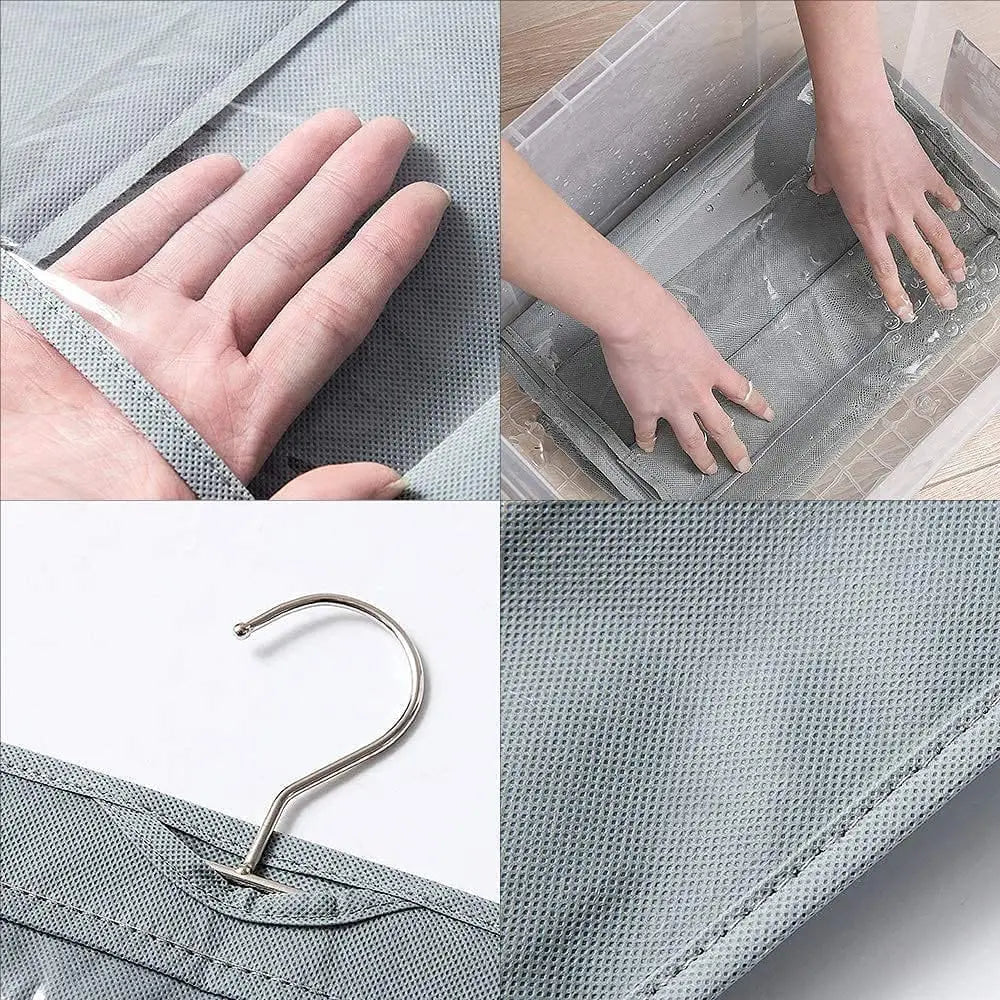 Transparent hanging handbag organizer from Anel Demosthene, with multiple compartments for wardrobe storage and door hanging.