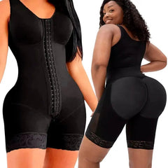 Two women model the Full Body Shapewear Compression Girdle Fajas: one faces forward showing the hook-and-eye front closure, while the other faces backward displaying the fitted design on the back and hips.