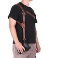 Teal Simba adjustable leather camera shoulder strap in brown cowhide leather with padded ends for comfort.