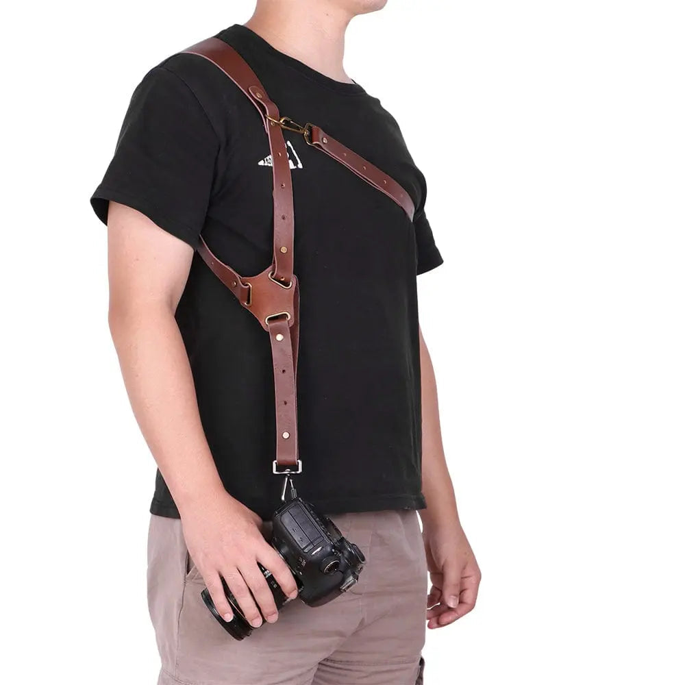 Teal Simba adjustable leather camera shoulder strap in brown cowhide leather with padded ends for comfort.