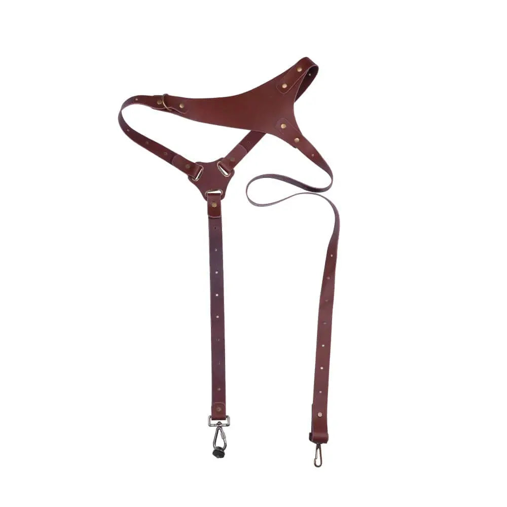 Teal Simba adjustable brown cowhide leather camera shoulder strap with metal hardware and padded comfort for secure carrying.