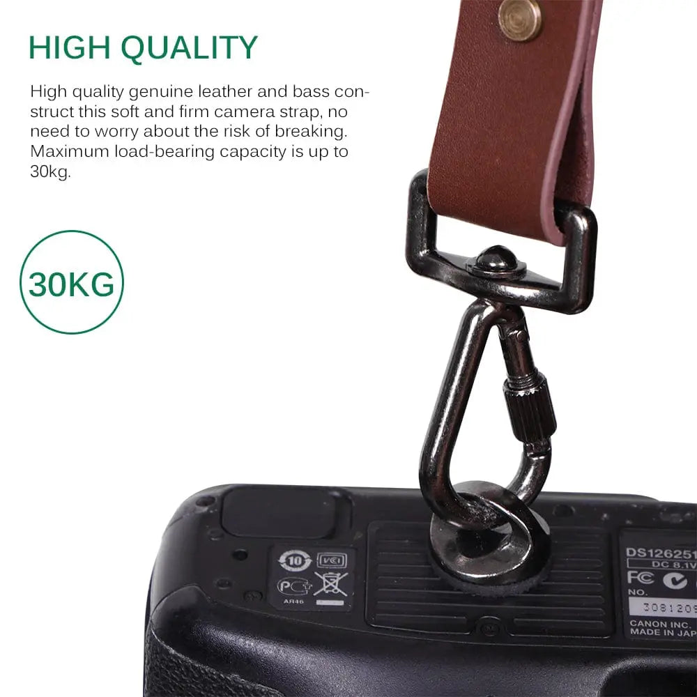 Teal Simba adjustable brown cowhide leather camera shoulder strap with sturdy design and padded comfort for carrying cameras.