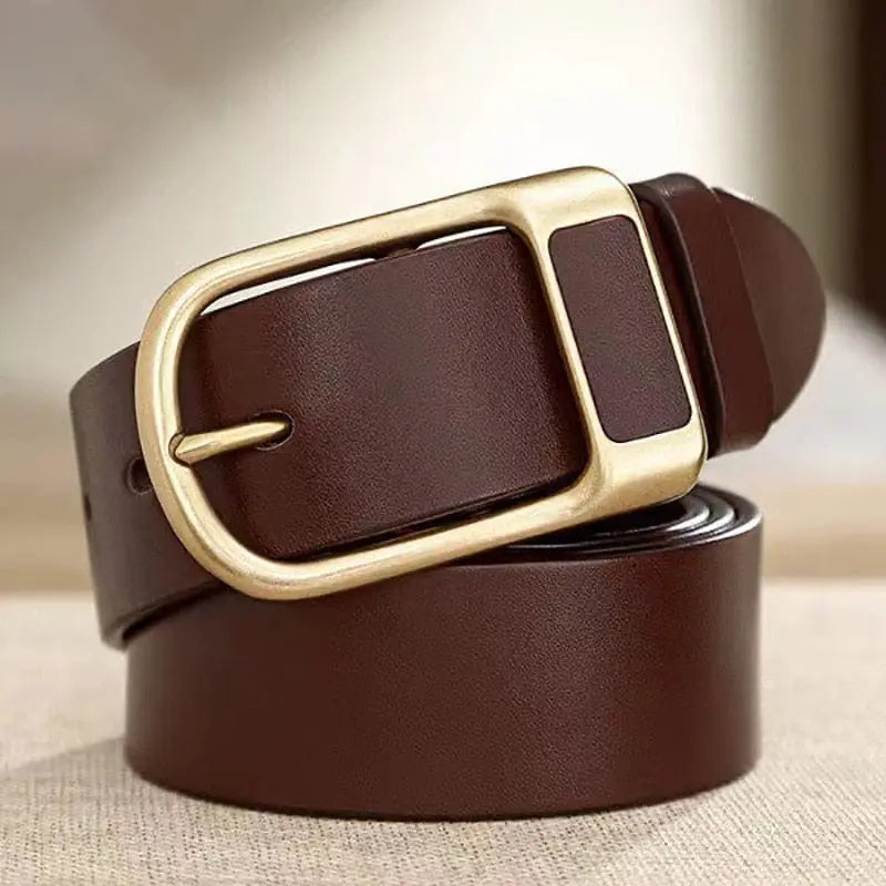 Men's genuine cowskin leather belt with a high-quality buckle, casual and business style, showcasing durable cowhide material.