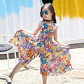 Girls floral chiffon beach dress by Showlu Fashion Store, sleeveless A-line summer party dress for kids aged 6 to 14.