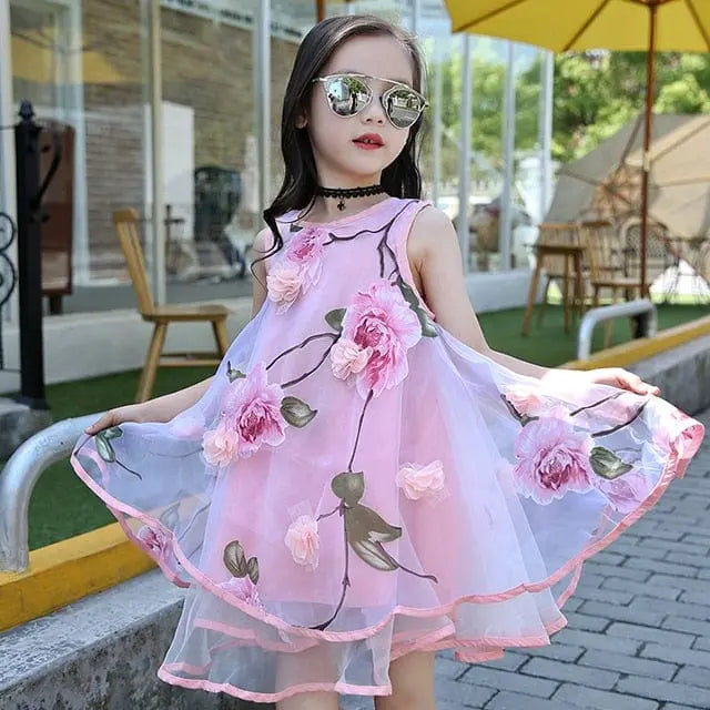 Girls floral chiffon beach dress by Showlu Fashion Store, sleeveless A-line summer dress for kids ages 6 to 14.