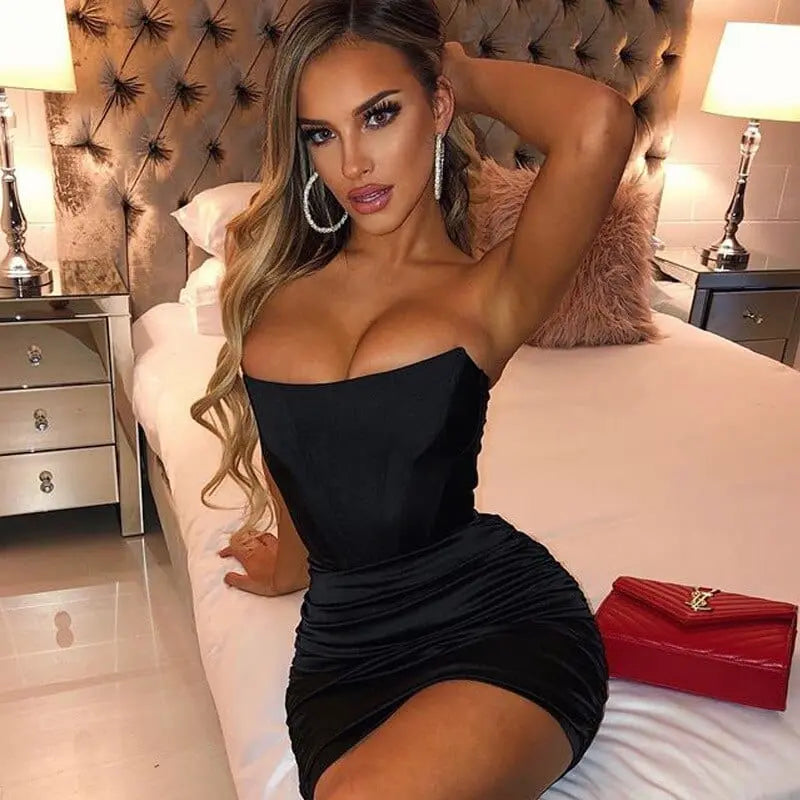 Giyu women's strapless glitter mini dress with ruched bodycon fit, perfect for party or night club, black, elegant summer style.