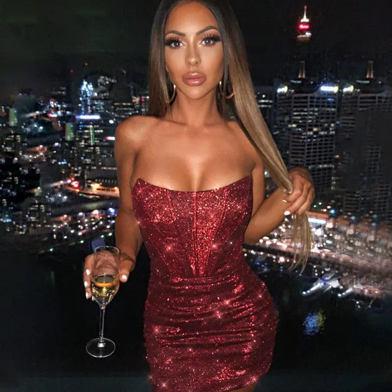 Giyu women's strapless glitter mini dress with ruched bodycon fit, perfect for night club parties, in black with shimmering details.