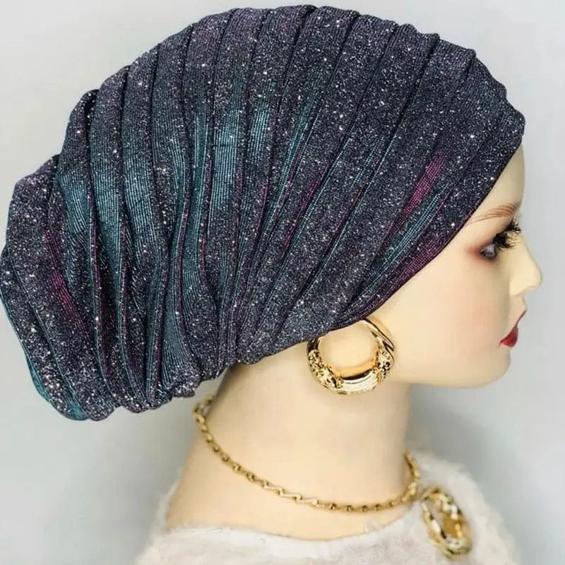 Glitter pleated turban cap for women, full-body Muslim headscarf hat, stylish African headpiece from Showlu Fashion Store.