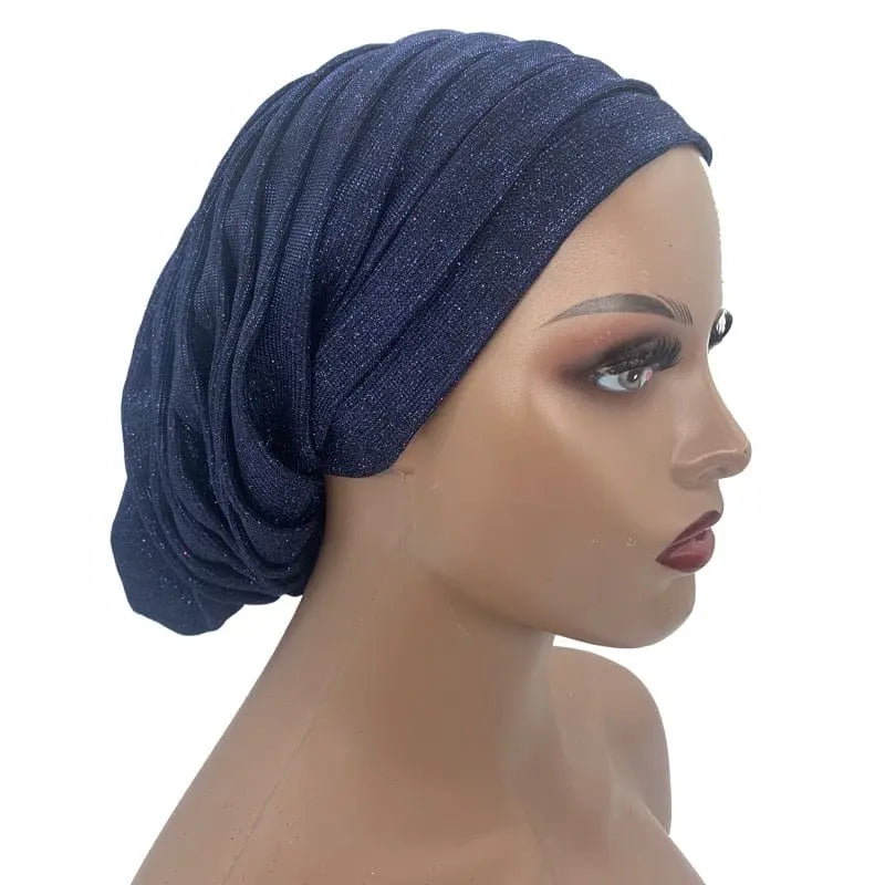 Glitter pleated turban cap for women, full-body Muslim headscarf hat with stylish design by Showlu Fashion Store.
