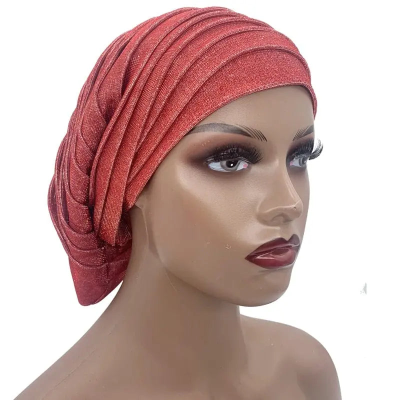 Glitter pleated turban cap for women, full body Muslim headscarf hat with stylish design by Showlu Fashion Store.