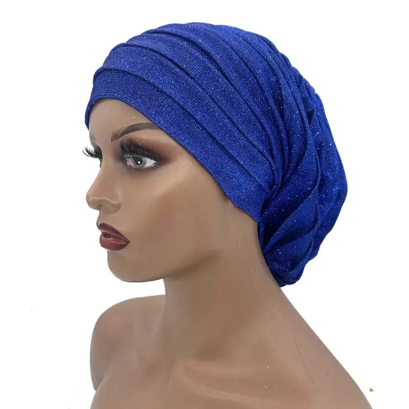 Glitter pleated Muslim turban cap for women, full-body headscarf hat with shiny fabric, stylish African headwrap by Showlu Fashion Store