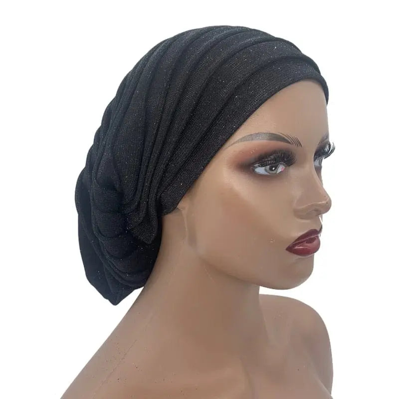 Glitter pleated turban cap for women, full-body Muslim headscarf hat with stylish design by Showlu Fashion Store.