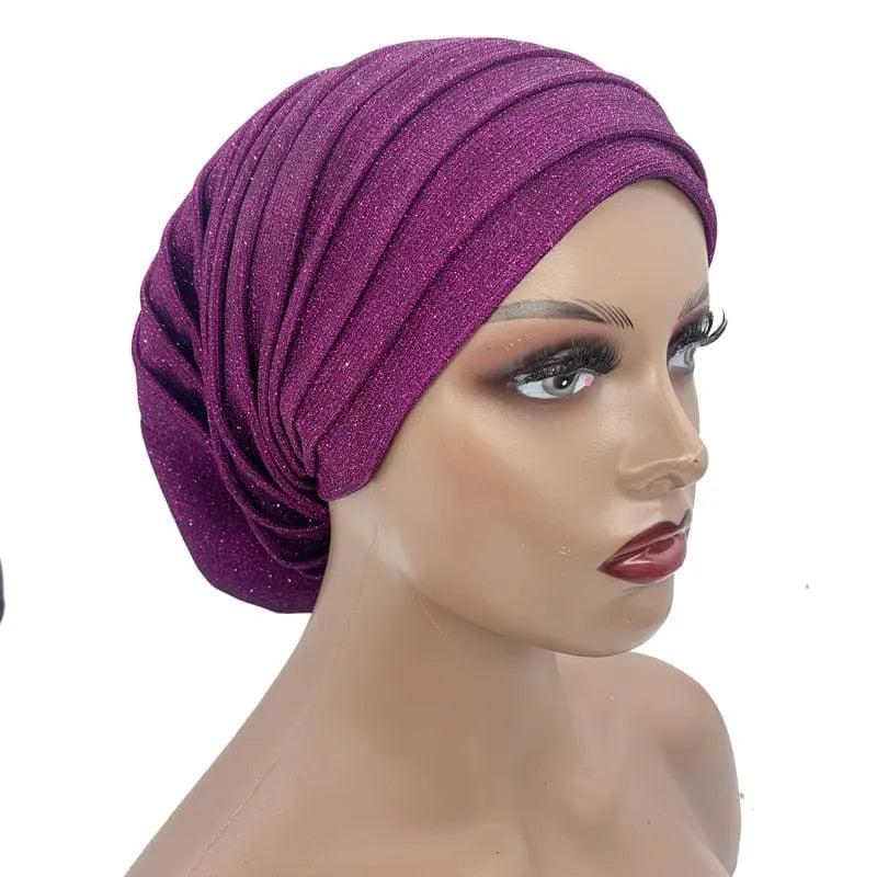 Sparkling glitter pleated turban cap for women, full-body Muslim headscarf hat, stylish African headwrap by Showlu Fashion Store.