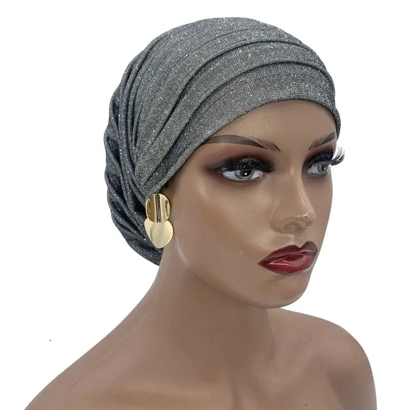 Glitter pleated turban cap for women, full-body Muslim headscarf hat with stylish design, by Showlu Fashion Store.