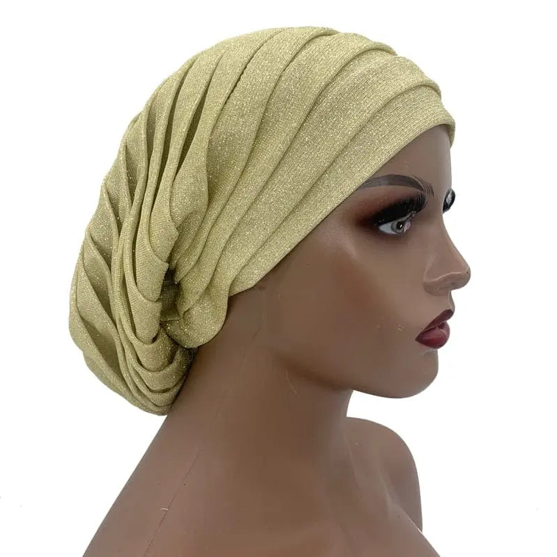 Glitter pleated turban cap for women, full-body Muslim headscarf hat with a stylish, shiny design by Showlu Fashion Store.