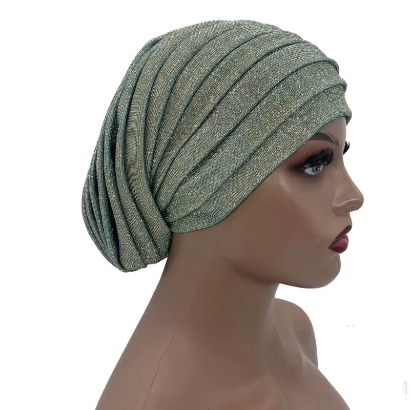 Glitter pleated turban cap for women, full-body Muslim headscarf hat, stylish African headwrap by Showlu Fashion Store