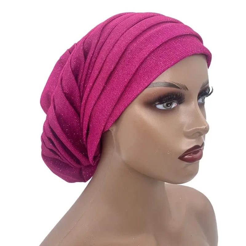 Glitter pleated turban cap for women, stylish Muslim headscarf hat with full body coverage, by Showlu Fashion Store.