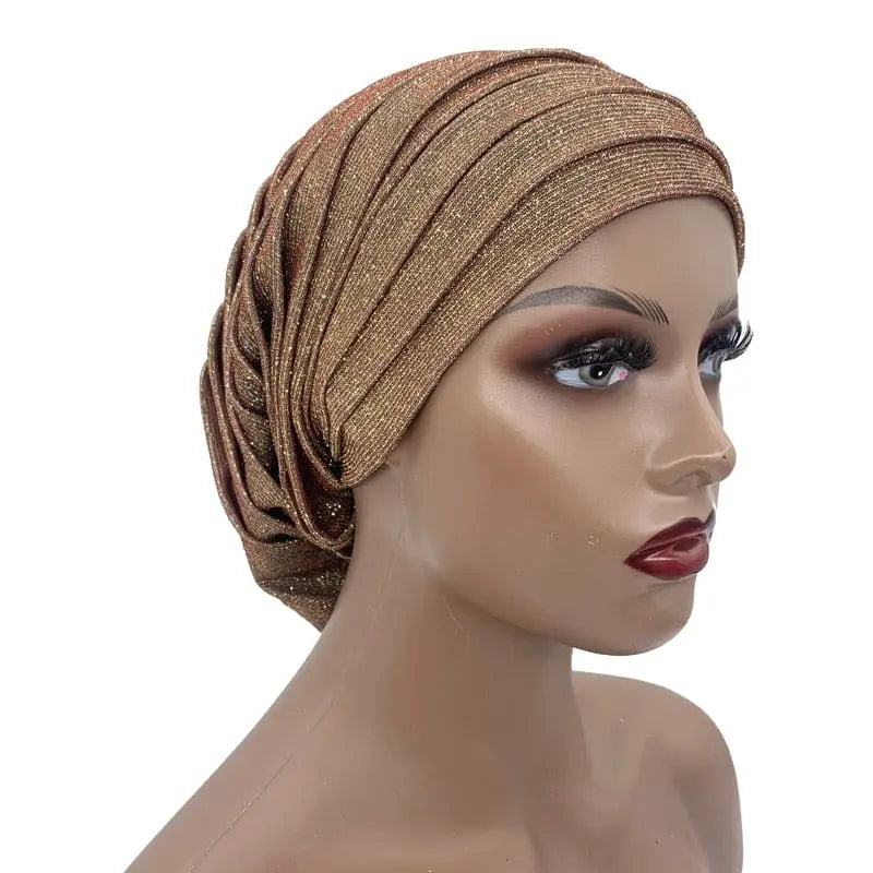 Glitter pleated turban cap for women, full-body Muslim headscarf hat with a stylish, pleated design and shimmering fabric.