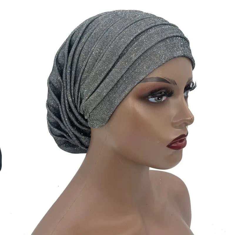 Glitter pleated turban cap for women, full-body Muslim headscarf hat with stylish design, by Showlu Fashion Store.