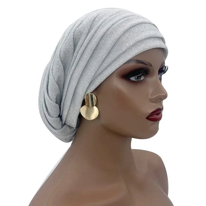 Glitter pleated turban cap for women, full-body Muslim headscarf hat with stylish pleats and shimmering fabric.