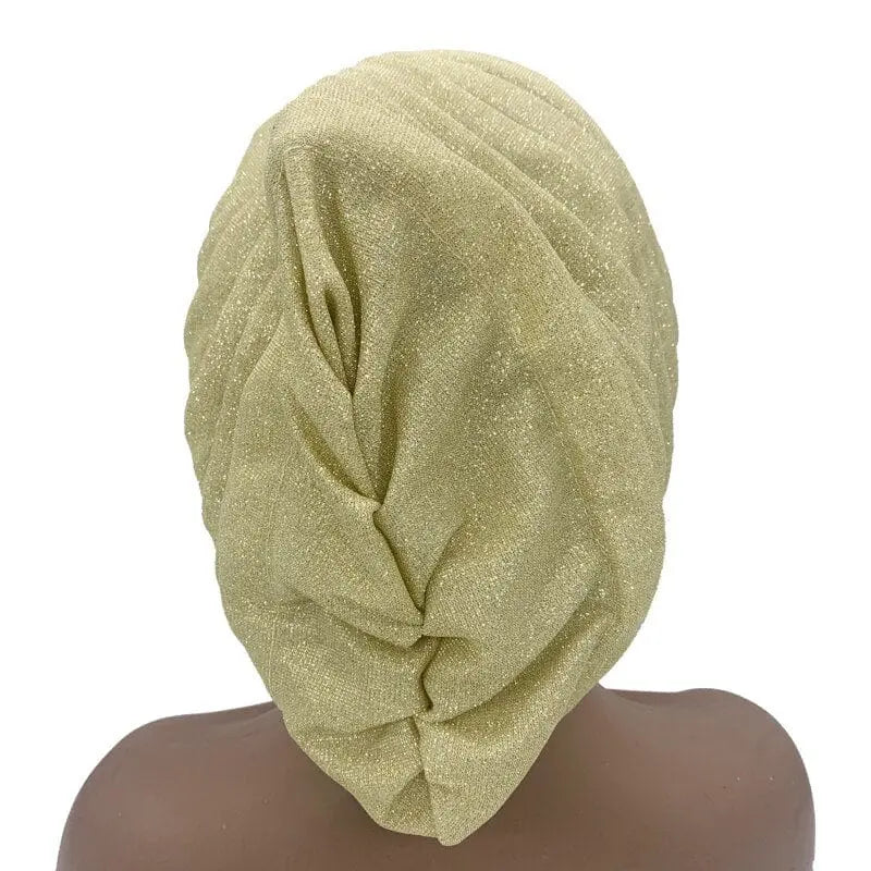 Glitter pleated turban cap for women, full-body Muslim headscarf hat with shimmering fabric and stylish design by Showlu Fashion.