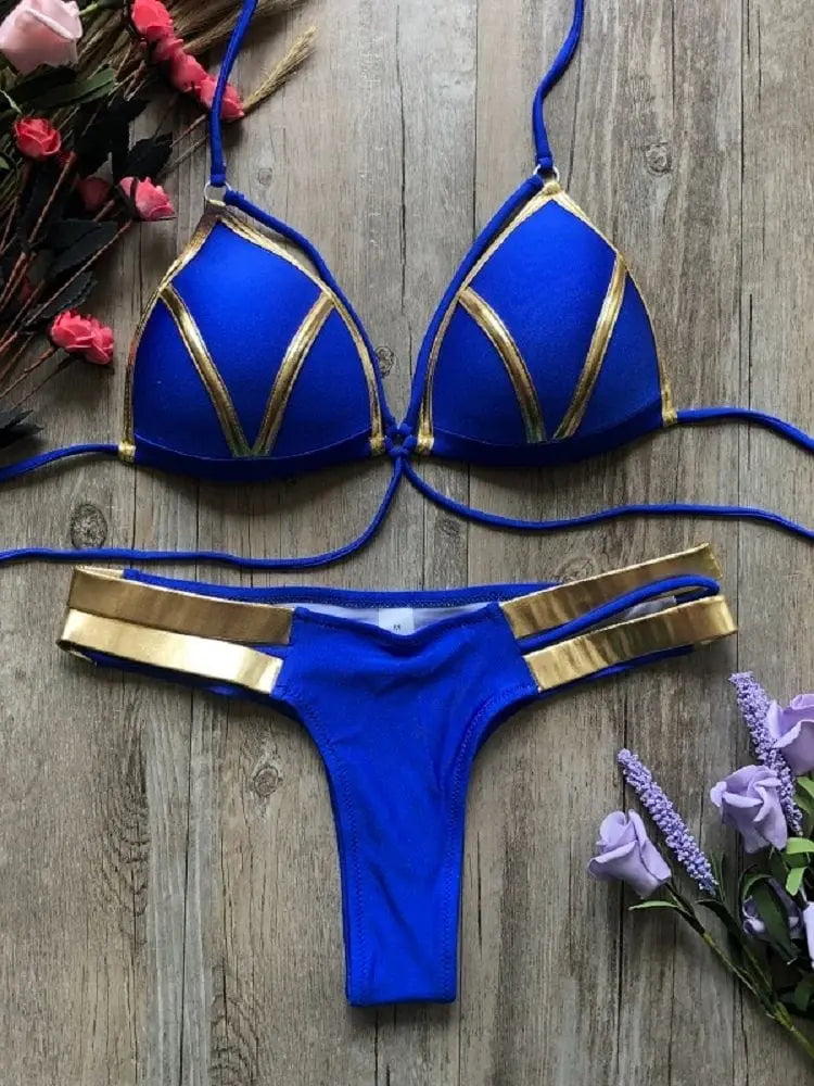 Gold stamping bikini set from Showlu Fashion with padded Brazilian swimwear design, featuring a stylish gold-embossed bikini top and bottom.