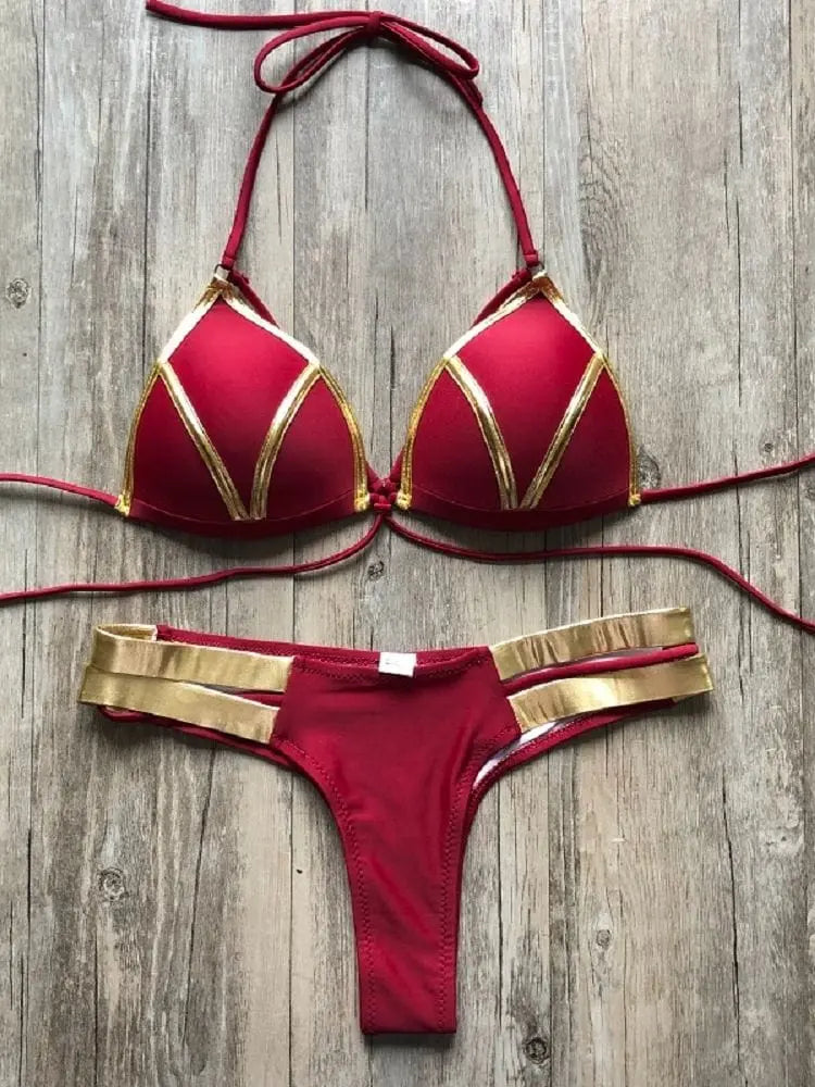 Gold stamping bikini set from Showlu Fashion Store featuring padded Brazilian swimwear with gold accents and a stylish design.