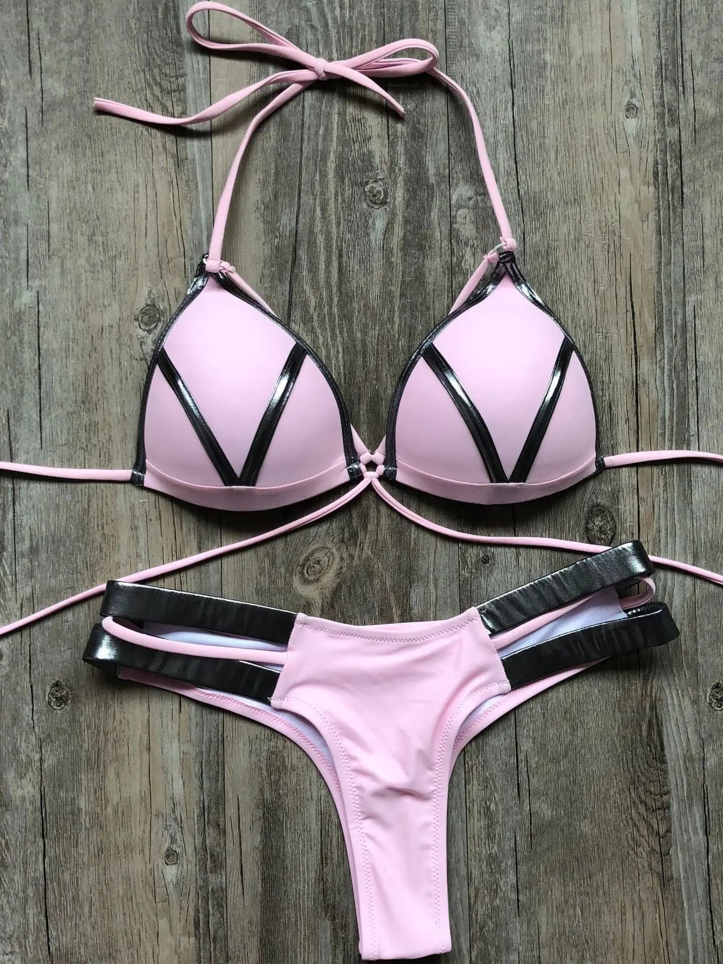 Gold stamping padded Brazilian bikini set by Showlu Fashion Store with adjustable straps and a stylish gold design.