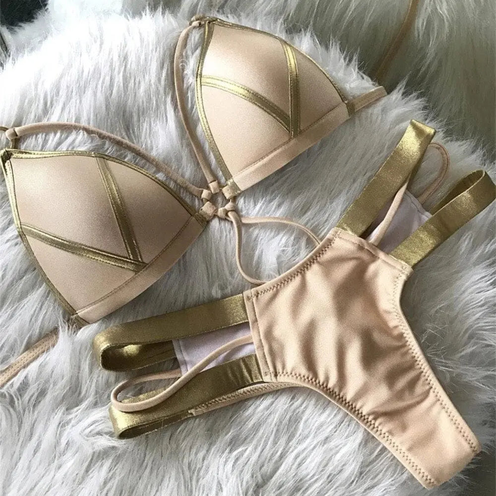 Gold stamping bikini set from Showlu Fashion, featuring padded Brazilian swimwear with stylish gold accents and a flattering fit.