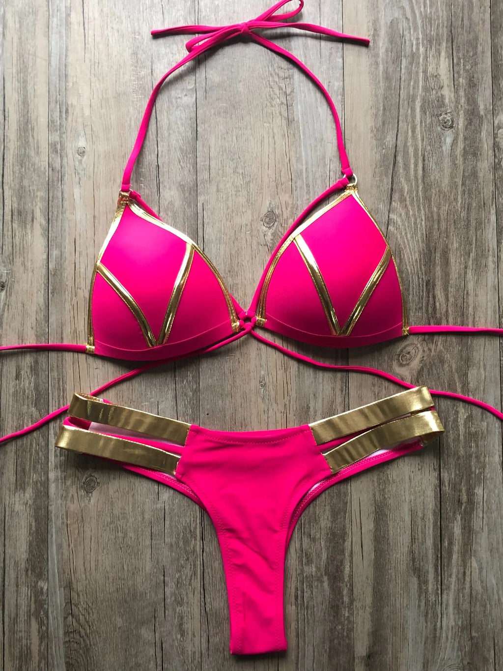 Gold stamping padded Brazilian bikini set by Showlu Fashion Store, featuring a stylish swimwear design with gold accents.
