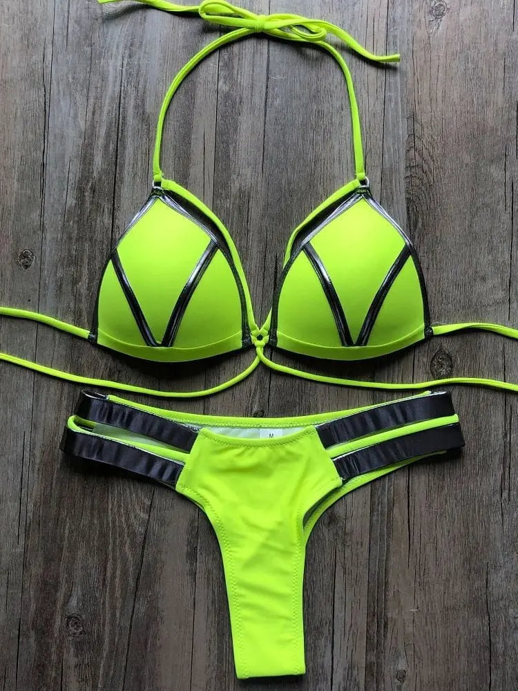 Gold stamping bikini set by Showlu Fashion with padded Brazilian swimwear style, featuring a stylish gold design and adjustable straps.