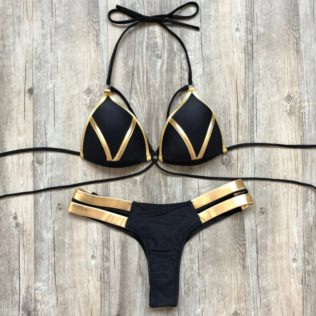 Gold stamping bikini set from Showlu Fashion featuring padded Brazilian swimwear, with a stylish gold-embossed design.