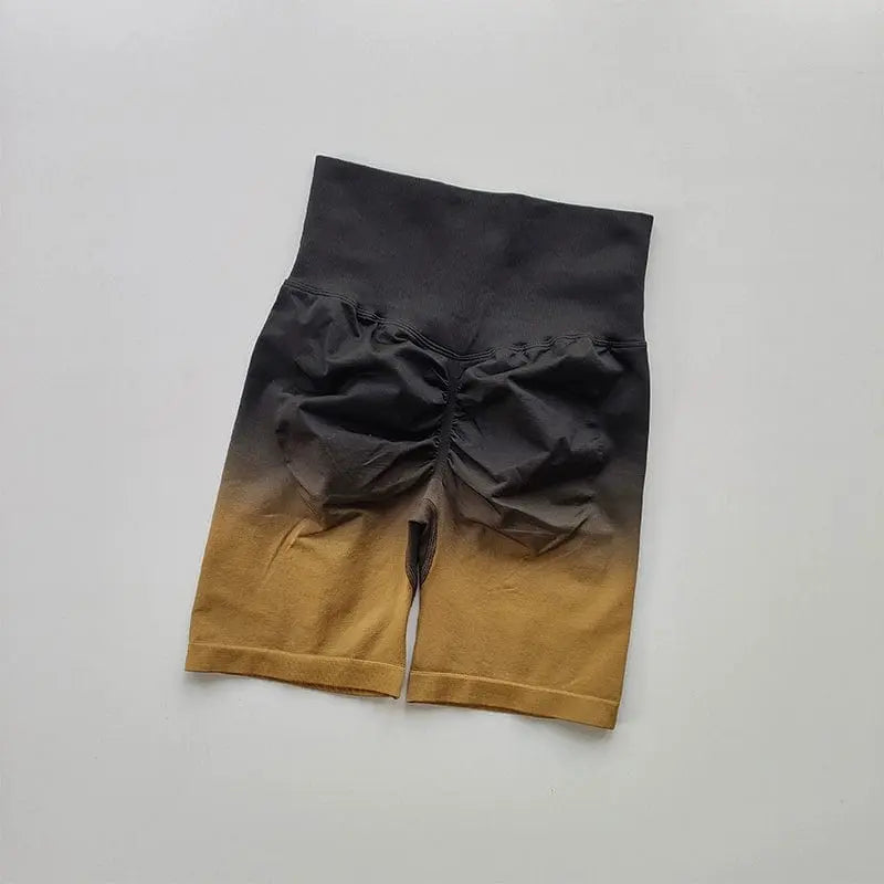 Showlu women's high waist gradient cycling shorts with seamless design and hip lift feature, shown in a close-up image.