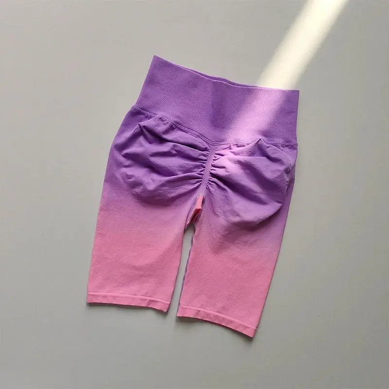 Showlu Women's high waist gradient cycling shorts with seamless hip lift design, half-length fit, suitable for fitness and active wear.