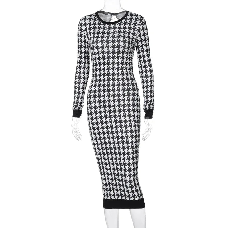 Houndstooth print women's long sleeve midi dress with hollow-out design, bodycon fit, perfect for streetwear and autumn winter fashion.