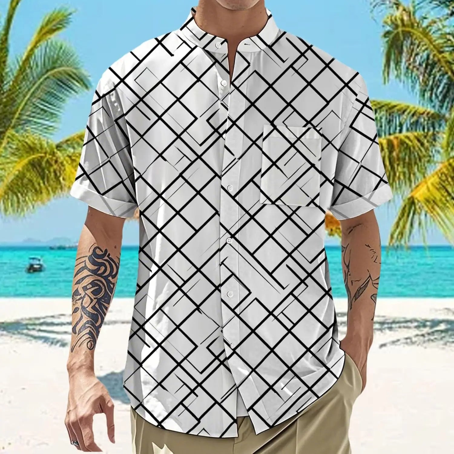 Casual men's short sleeve button-down shirt with abstract geometric print, mandarin collar, chest pocket, loose fit, 100% polyester.