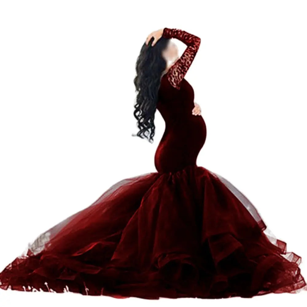 Lace maternity gown maxi dress for pregnant women, long sleeve pregnancy dress for photoshoots, showing elegant lace details.