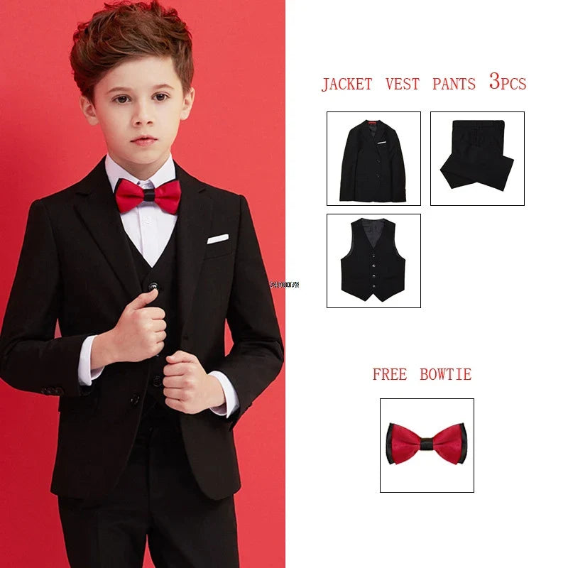 Kids formal blazer set featuring PsyMonster Boys Black 007 wedding suit in a 5-piece design, stylish and suitable for special occasions.