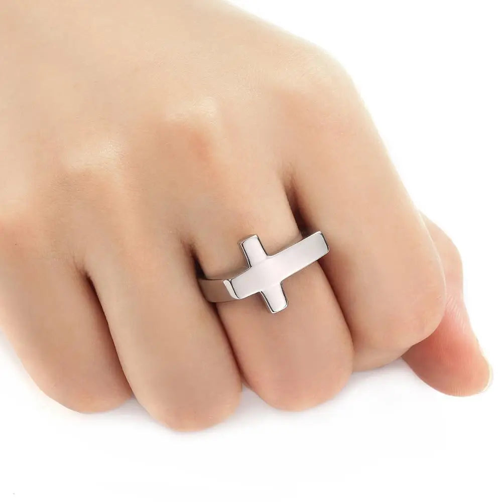 Unisex Rany&Roy Cross Ring made of 316L stainless steel, featuring a punk-inspired band design and a sleek, polished finish.