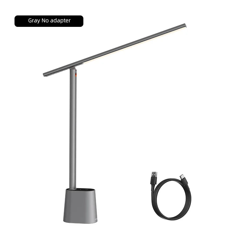 Smart rechargeable desk lamp by Baseus with adjustable arm and bright LED lighting, ideal for work or study spaces.