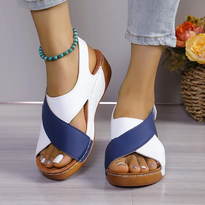 SHOWLU Women's cowhide leather wedge sandals with open toe design, perfect for summer, stylish and comfortable footwear.