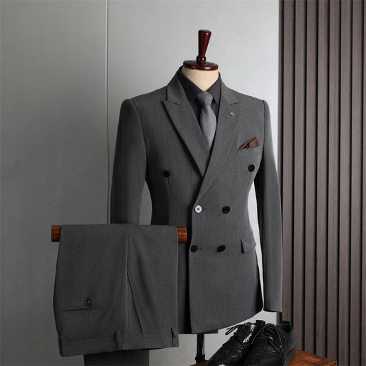 S-7XL New Business Men's Solid Double Breasted Luxury Suits Gentleman Slim Wedding Suit Two-piece Suit Men Blazer+pants